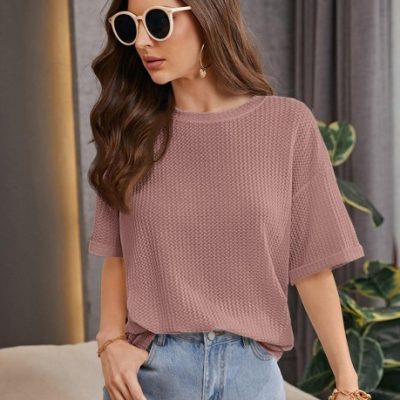 Women Self Design Round Neck Wool Blend Pink T-Shirt
