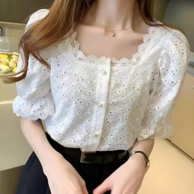 Casual Cuffed Sleeves Embroidered Women White Top