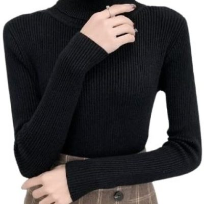 Women Striped Turtle Neck Cotton Blend Black T-Shirt