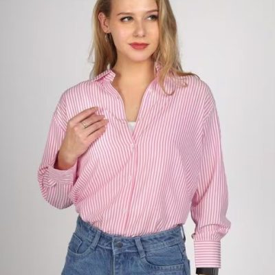 Women Oversized Fit Striped Button Down Collar Casual S…